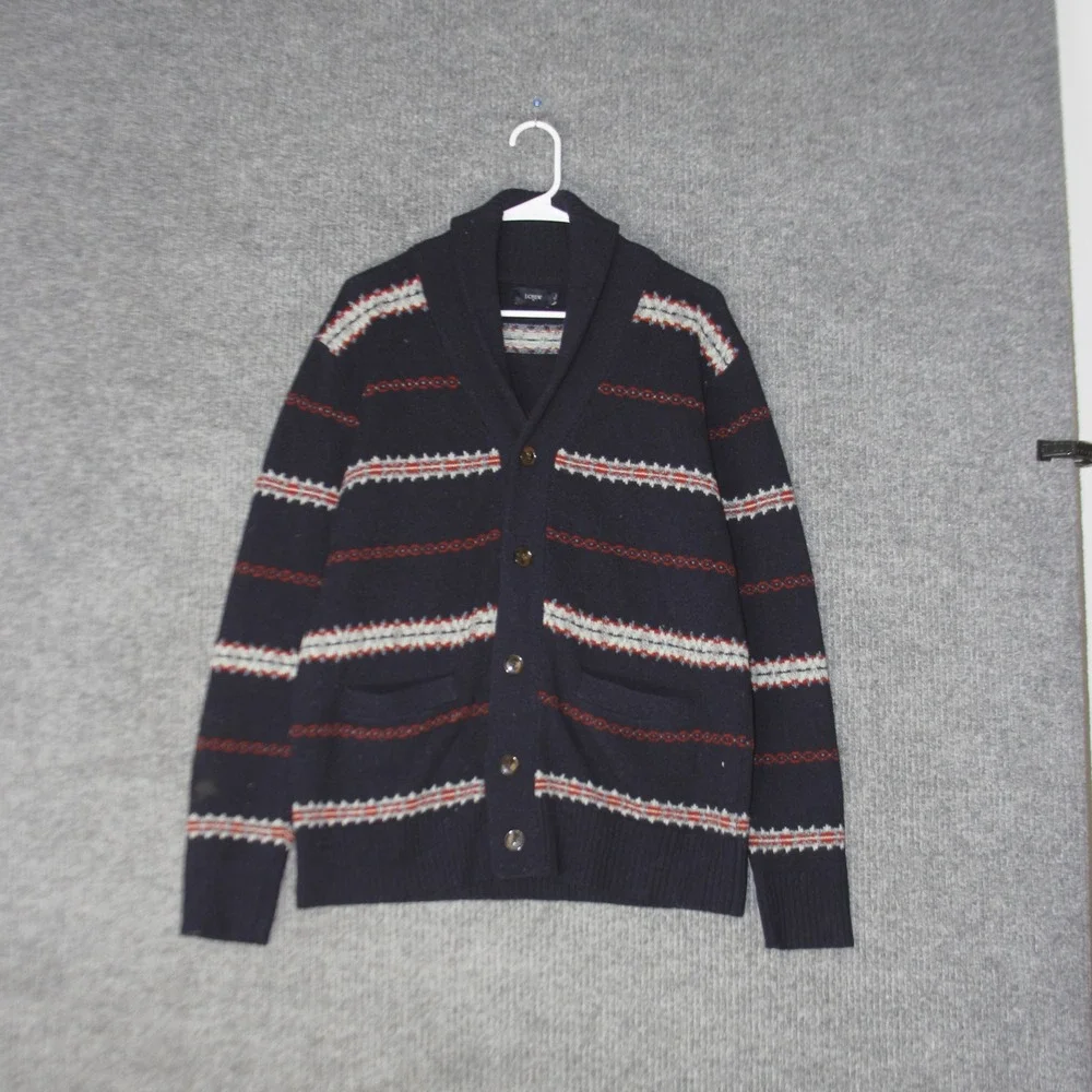 J Crew Shawl Collar Cardigan Mens M Navy Blue Fair Isle‎ Lambs Wool F7549